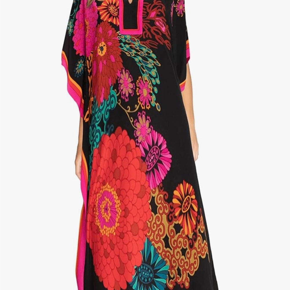 Black Floral Maxi Dress with Vibrant Pink & Red Accents